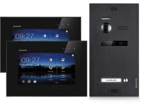 Balter EVO Video Türsprechanlage, Touchscreen, 7 Zoll Monitor Schwarz, 2-Draht Bus, Schwarze Türstation für 1 Familienhaus Türklingel, 150° Weitwinkel-Kamera (2 Monitore, Ohne App)