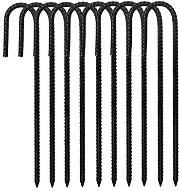 Rebar Stakes, 10 Pack 16 Inch J Hook Heavy Duty Ground Stakes for Canopy Tent Trampoline and Chain Link Fence (Black)