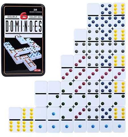 Doppel-6 Dominospiel für Erwachsene mit Aufbewahrungsdose aus Blech - 28 Steine Bunte Punkte Domino Spieleset für Familienabend Geschenk Reisespiel - Klassisches Partyspiel ideal für 2-4 Spieler