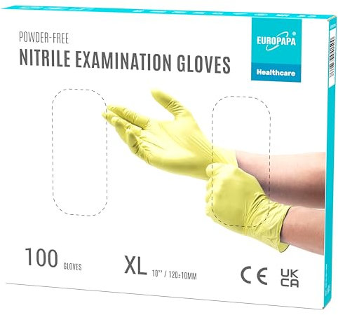 EUROPAPA® 100x Nitrilhandschuhe Einweghandschuhe Einmalhandschuhe Untersuchungshandschuhe Nitril Handschuhe puderfrei ohne Latex unsteril latexfrei disposible gloves (XL, Gelb)