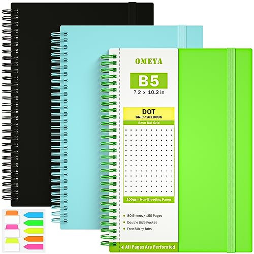 Gepunktetes Tagebuch-Notizbuch, 3 Stück, Spiralnotizbuch mit Taschen, A5, Bullet Journals, 480 perforierte Seiten, 100 g/m² dickes gepunktetes Papier, Punktraster, Notizbuch für Schulbedarf, Büro, 19