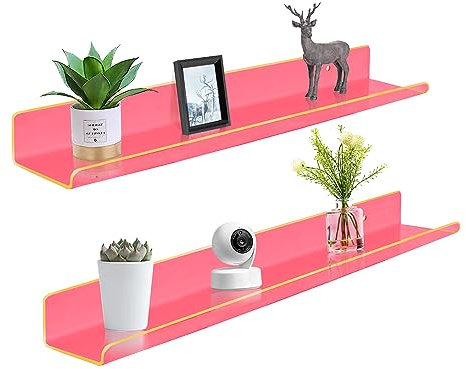 ROYALITA 61 cm Acryl schwebende Bücherregale Wandmontage 2er Set Wandbehang Pflanze Display Regale Raumdekor Schwebende Wandregale für Spielzimmer, Schlafzimmer, Wohnzimmer, Büro, Rosa