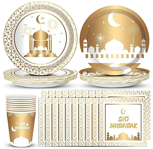 Eid Mubarak - Decoration Aid Moubarak – Aid Mubarak Vaisselle (44 pièces) – Kit de Vaisselles Jetables Pour le Ramadan - Joyeux Aïd El-Fitr