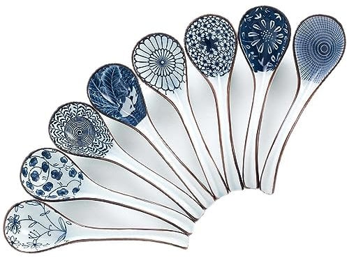 JOBNTZ Asian Soup Spoon,Ceramic Ramen Spoons Japanese Style for Pho, Miso soup, Dumpling, Noodles, Chinese Wonton Dishwasher safe - Set of 8 - Blue