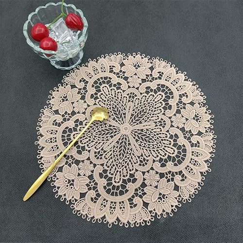 4 Stück Spitze Runde Gestickte Tischläufer, Stickerei Tischset Runde Bestickte Tischmatte Handarbeit Geklöppelt Häkeldeckchen Spitzendeckchen für Küche,Esszimmer Tassen, Getränke,Schalen -Rosa