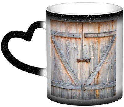 Tasse, Keramik-Kaffeetasse mit Farbwechsel, Teetasse für Küche, Restaurant, Büro, 330 ml, Scheunen-Holztür mit Klopfer, künstlerischer Druck