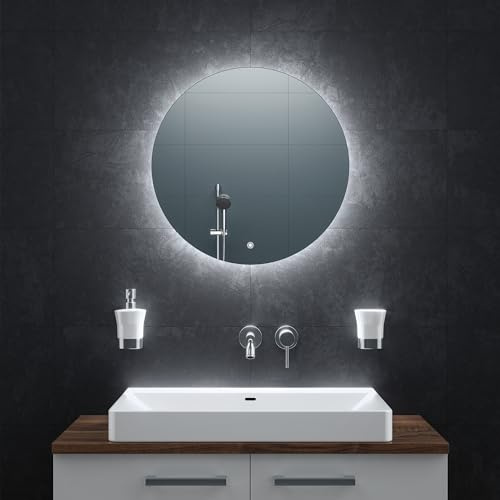 BR Bringer® LED Badspiegel Rund 60 cm Modell BRRS201 dimmbar Anti-Beschlag | Dimmbarer Badezimmerspiegel mit Beleuchtung - 3 Lichtfarben, Touch-Schalter, Anti-Beschlag und praktische Speicherfunktion