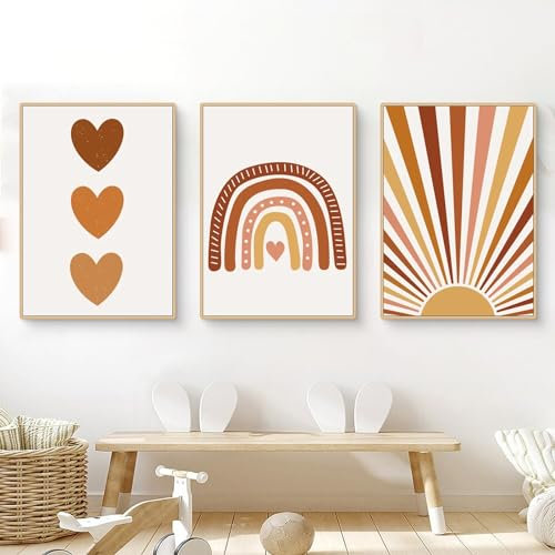 Herfair 3er Set Poster für Kinderzimmer Boho Deko Bilder Babyzimmer - Wandbilder Schlafzimmer Sonne Regenbogen Babyzimmer Wanddeko Mädchen Junge ohne Rahmen (B,50x70cm)