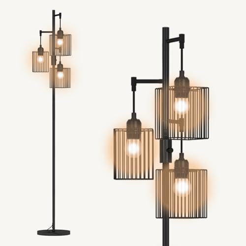 YU YUSING Stehlampe Wohnzimmer, Vintage Stehlampe LED mit E27 Fassung, Modern Standleuchte Schwarz, 3 Lampenschirmen Metall, Dimmbar Helligkeit, Fußschalter, Leselampe für Wohnzimmer Schlafzimmer…