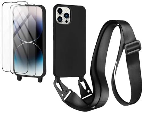 CaseLover Handyband kompatibel mit iPhone 16 Pro Max Hülle mit Band, Premium Silikon Necklace Handyhülle mit 2 Stück Schutzfolie Verstellbarer Kordel zum Umhängen Stossfest Schutzhülle, Schwarz