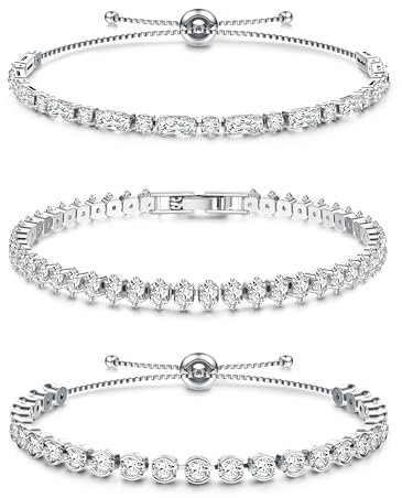 Dochais 3 Pezzi Set Bracciale Tennis Argento Donna, Bracciale Tennis Zirconi, Braccialetto con Strass, Braccialetti Diamond, Bracciale Glitterato per Ragazze Donne Gioielli Regalo