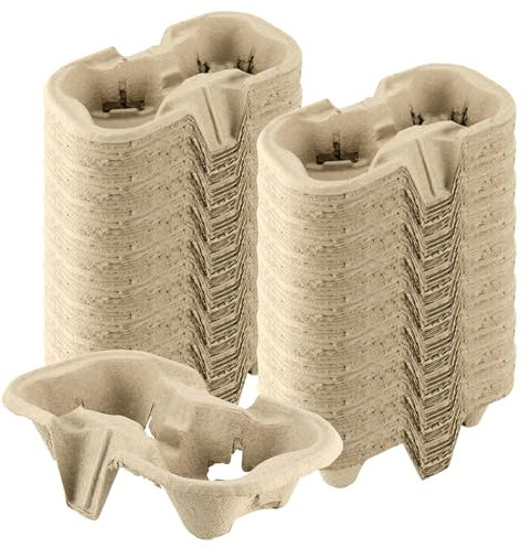 KEILEOHO Lot de 100 Porte-gobelets en Fibre de Cellulose - 2 Porte-gobelets en Carton à emporter - pour café et Boissons Chaudes et Froides - 22 x 11 x 4,5 cm