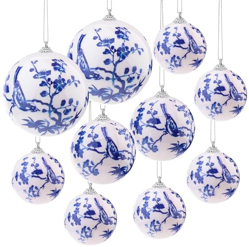 Quancru 10 Stück weiße und blaue Weihnachts-Chinoiserie-Ornamente, Kugeln, mit Stoff umwickelt, hängende Weihnachtskugeln, Dekoration, DIY, Weihnachten, Party, Weihnachtsbaum