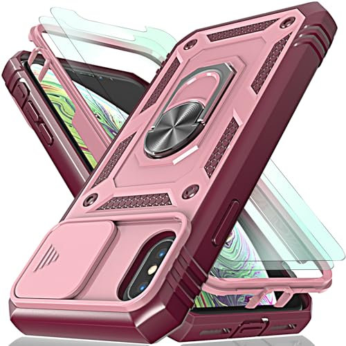 for iphone Xs Max Case with Camera Cover Slider, 2*Screen Protectors,Build in 360°Rotating Ring Kickstand, Military Grade Protective Case for iphone Xs Max-Wine Red/Pink