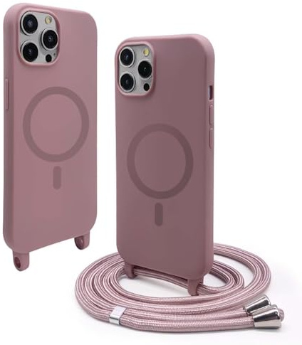 BGHHEU Silicone Coque Magnétique pour iPhone 16 Pro avec Cordon,Compatible avec MagSafe,Étui Housse Silicone avec Portable Lanyard Réglable, Rose Gold
