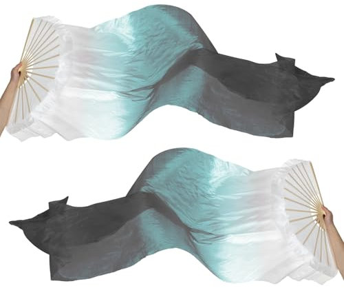PATIKIL 16 Fan Belly Dance Silk Fan Veil 71, 1 Pair (Left+Right) Women Long Folding Dance Fan Wood Fan for Dance Performance Props, White Gray Black
