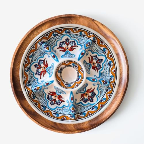 The Twinning Company Bandeja para servir de cerámica 25,5 cm | Pintada a mano | Plato para tapas con 6 compartimentos | Diseño mediterráneo azul y naranja | Apta para lavavajillas | Aperitivos snacks