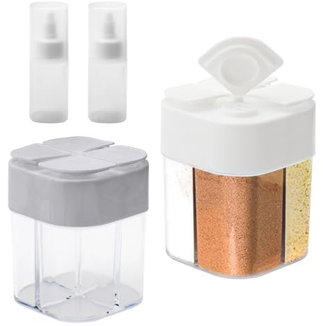 ZMDMAH 2 Stück Gewürzstreuer Camping, Transparent Kunststoff 4 in 1 Gewürzstreuer mit Deckel Gewürzbehälter, Gewürzdosen für Camping-Grillpartys Ausflüge und Exkursionen im Freien Camping Geschirr