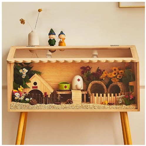 JUNFUNNLE 40CM Holz Hamsterkäfig Groß, Kleintierstall mit Spielhaus für Gerbils & Nager, Sicherheitsverriegelung, Schaukeln & Leitern, Öffnbares Dach & Hütte, Massivholz