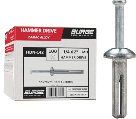 Surge BP - 1/4 x 2 MH Hammer Drive Nail in Concrete Anchor with Carbon Steel Nail | Fasteners for Concrete, Block, and Brick (100/BOX)