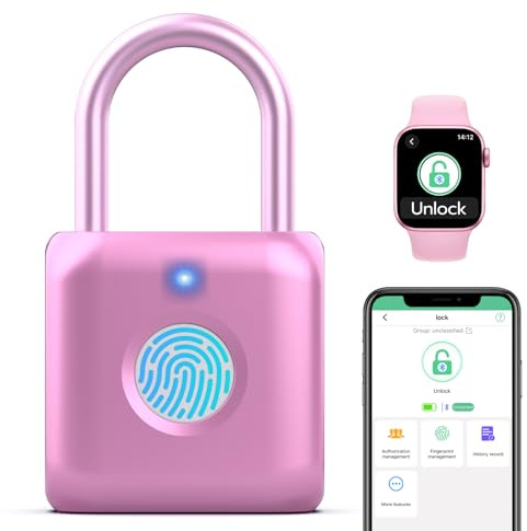 Anweller Fingerprint Padlock,Smart Padlock,Fingerprint Lock with APP Unlock,USB Rechargeable Gym Lock Suitable for Gym Locker,Locker, School,Storage, Luggage(Pink)