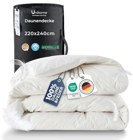 UNIKOME Daunen Bettdecke 220x240, Winter Daunendecke mit 2930g Füllung aus Daunen und Federn, 100% Baumwolle, Made in Germany, Oeko-Tex, Downpass & Nomite Zertifiziert, Waschbar