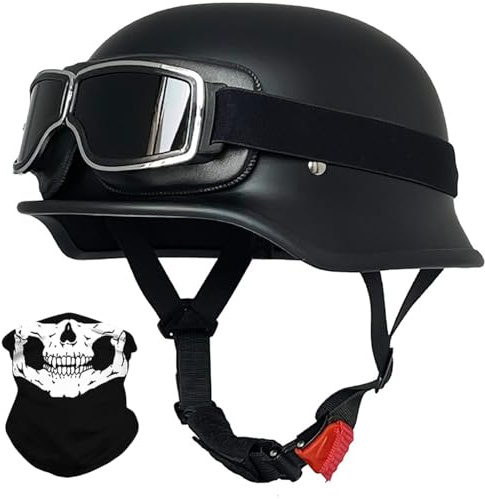 Mezzo Casco Da Motociclista Stile Tedesco Con Occhiali,Caschi Jet E Demi- Omologato ECE Scooter Cruiser Unisex Casco A Scodella 1,XL/(61~62cm)