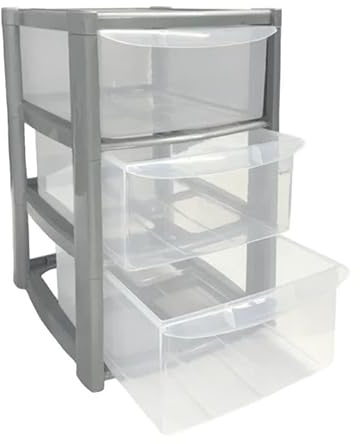 Buystarget Plastic Drawers Storage Unit, 3 Tier Plastic Storage Drawers, A5 Paper Format Office Home Desktop Stationery Make Up Organiser Tidy Small Silver 3 Drawer Grey Mini Tower