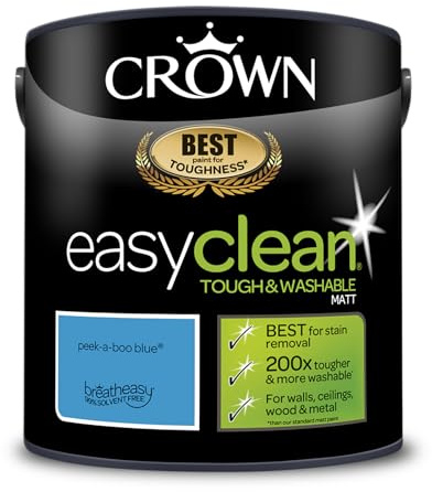 Crown EASYCLEAN Mid Blue Matt Emulsion Wall Paint - Washable 2.5L | Stain resistant Peek-A-Boo 200x tougher. Wipeable on walls, ceilings, wood & metal. Ideal for hallways & kids' rooms. Low VOC