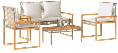 kithwjll 4-TLG. Garten-Lounge-Set mit Kissen Beige Poly Rattan, Gartenmöbel Set Klein mit Bank, Stühlen und Gartentisch aus Akazienholz für Balkon, Terrasse und Outdoor-Sofa Komfort