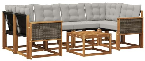vidaXL Outdoor-Sofagarnitur mit Kissen 7 pcs Natürlich und Hellgrau, Moderne Garten-Sofa-Garnitur, Robustes Akazienholz, Bequeme Terrasse, stilvolle Couch zum Entspannen
