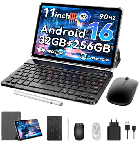 2026 T70 Tablet 11 Zoll Android 16 , 32 GB RAM + 256 GB ROM, 8000 mAh | Arbeit und Studium: inklusive Maus, Tastatur Kopfhörern, Eingabestift , Hülle und Displayschutzfolie, Bluetooth 5.0