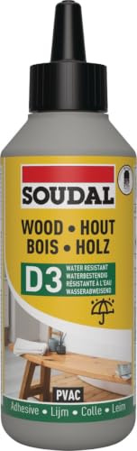 Soudal Holz-Leim D3, 250 g, Transparent (nach dem Trocknen) - Gebrauchsfertiger, schnell trocknender Klebstoff mit hervorragender Wasserbeständigkeit (D3) für Verklebungen von Holzbauelementen