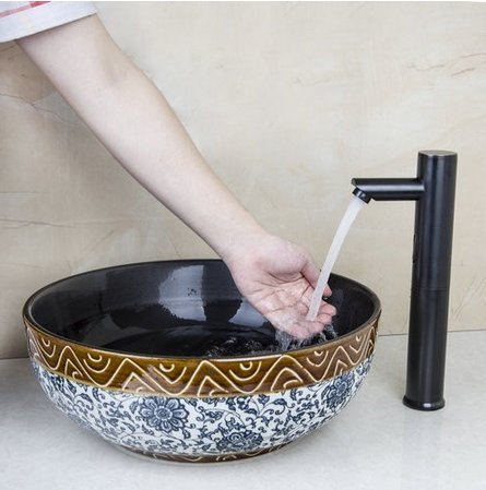 Gowe schwarz Waschbecken Sensor Wasserhahn + Waschbecken Keramik handbemalt WC Waschbecken Bad kombinieren Messing, Wasserhähne, Einhebelmischer