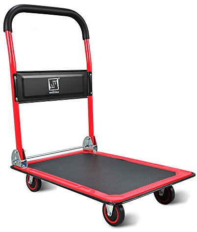 Wellmax Push Cart Dolly by | Functional moving platform + hand truck | Foldable for easy storage + 360-degree swivel wheels + 330lb weight capacity | Red colour