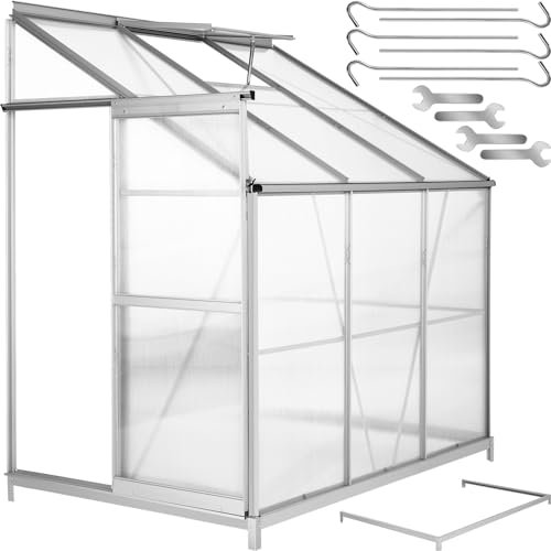 tectake® Aluminium Anlehngewächshaus 4,09 m³, Treibhaus mit Schiebetür und Dachfenster, robuste Konstruktion, Frühbeet Gewächshaus für den Garten, UV-beständig, 192 x 128 x 202 cm - mit Fundament