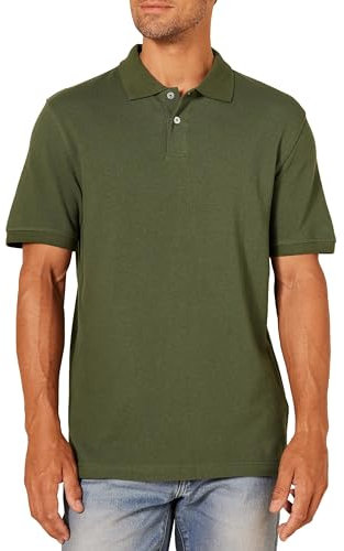 Amazon Essentials Herren Piqué-Poloshirt aus Baumwolle, Schmale Passform, Olivgrün, L
