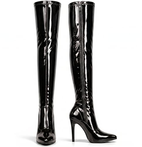 Golden Beads NEW WOMEN LADIES THIGH HIGH OVER THE KNEE HIGH HEEL STRETCH BOOTS SEXY LOOK (6 UK, Black Patent)