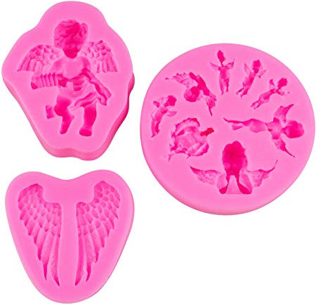AUEAR, Paquete de 3 moldes de silicona con alas de ángel y querubín para fondant, decoración de pasteles, herramientas para hornear