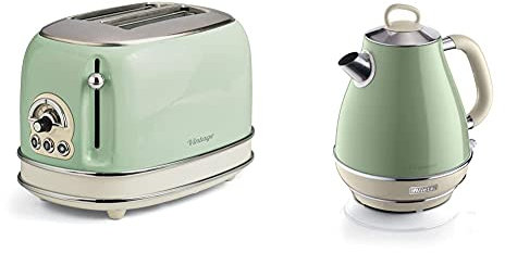 Ariete Vintage 2869 Bouilloire Électrique en Acier Inoxydable, 1,7 L, Vert Pastel & Ariete Vintage 155 Grille-Pain 2 Tranches, 810 Watts, 6 Niveaux de Grillage, Vert Pastel