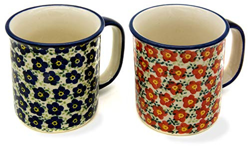 Bunzlauer keramik Becher gerade, 220 ml, 2er Set (Dekore Viola blau und rot)