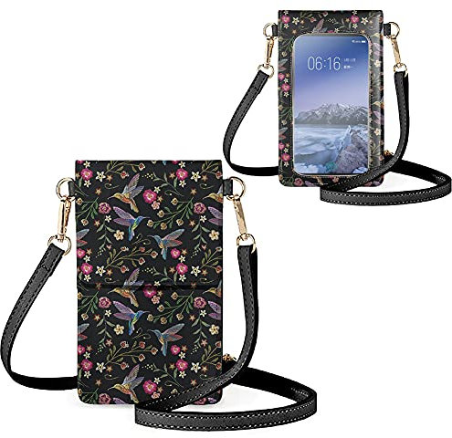Biyejit Kleine Crossbody-Touchscreen-Handytasche für Damen, Handy-Schultertaschen, Kartenhalter, Geldbörse, Geldbörse, Kolibri Floral, Small