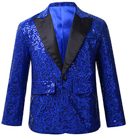 FEESHOW Jungen Anzugjacke Glitzer Festlich Hochzeit Smoking Blazer Kinder Glitzer Pailletten Jacke Mit Reverskragen Slim Fit Blau 146-152/11-12 Jahre