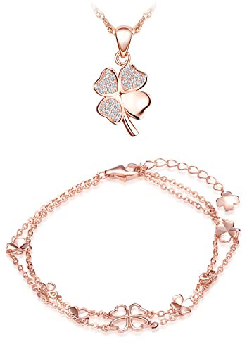 CPSLOVE Necklace and Bracelet for womens and girls, 925 sterling silver jewelry set, Elegant four leaf clover necklace pendant and bracelet, double chain bracelet, Inlaid shiny zircon, rose gold