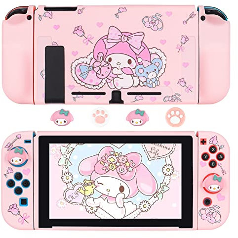 DLseego Schutzhülle Kompatibel mit Nintendo Switch, Andockbare TPU-Abdeckung mit 4 Niedlichen Daumengriffkappen, Zubehör für Kratzfestes und Stoßdämpfendes Design für Switch 2017- Rosa