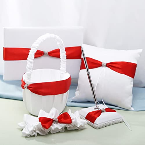 SPORTARC Ringkissen für Hochzeiten, klassisch, rote Schleife, Blumenkorb, Ringkissen, Schild, Strumpfband