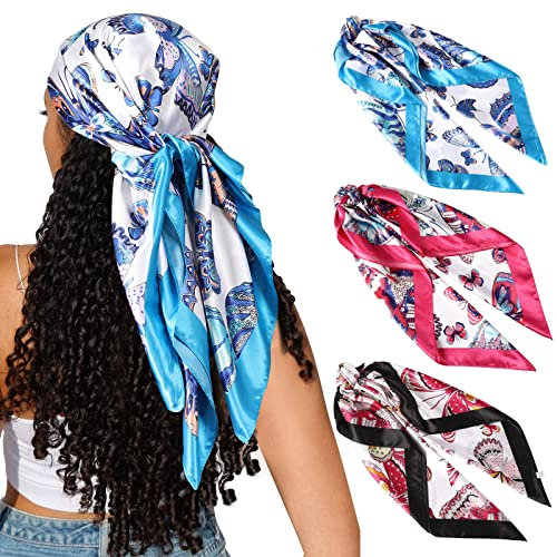 CHLINS Quadratisches Satin-Haarschal, Bandana, 3 Stück, große Seidenkopftücher, leichtes Satin-Haar-Halstuch, Schlaf-Haarwickel, Blau + Rose + Schwarz, 90*90 cm / 35*35 inches