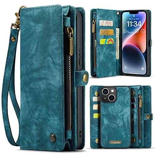 SWP Case for iPhone 14 Plus, Wallet Case w/Magnetic Detachable Cover [8 Card Slots] Clutch Wallet w/Wristlets Money Pocket for iPhone 14 Plus (Teal)