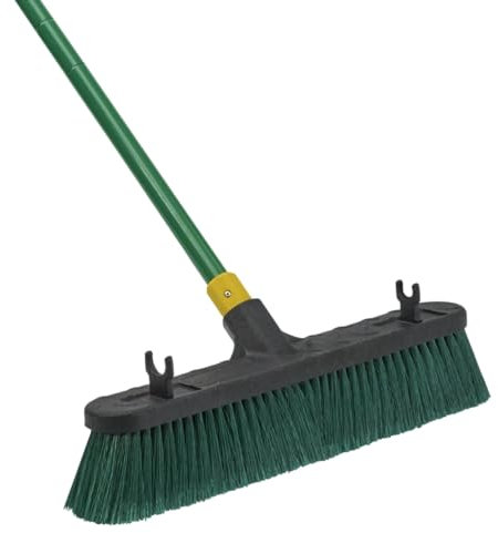 Quickie Bulldozer Multi-Surface Push Broom 18 inch, Green, Steel Handle with Swivel Hang-up Feature, Indoor and Outdoor Cleaning, Sweep Sidewalks/Warehouses, Dirt, Debris