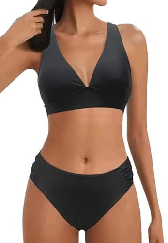 Mujer Traje de Baño de Dos Piezas Push-up Cuello en V Bañador Cintura Media Correas Laterales del Bikini Set Estampado Ropa de Playa Traje de Baño(Negro,L)